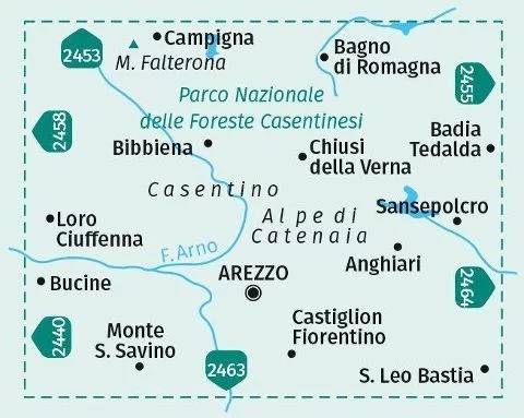WK 2459 - Arezzo, Casentino, Parco Nazionale delle Foreste Casentinesi, Monte Falterona, Campigna turistatérkép - KOMPASS